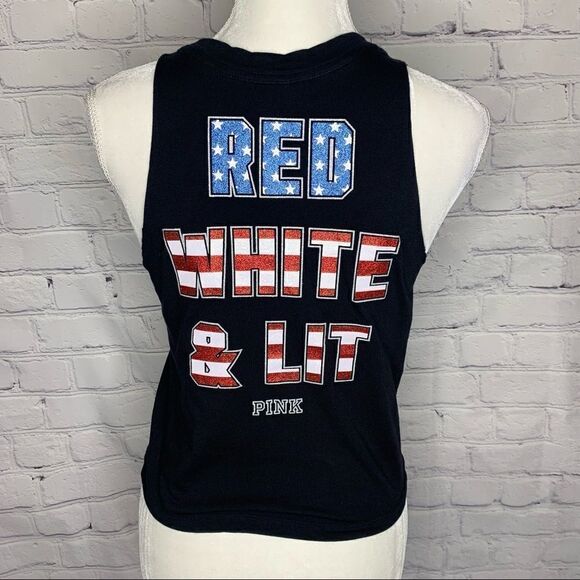 Pink VICTORIA’S SECRET Red, White and Lit glitter mesh crop tank top - Picture 5 of 12